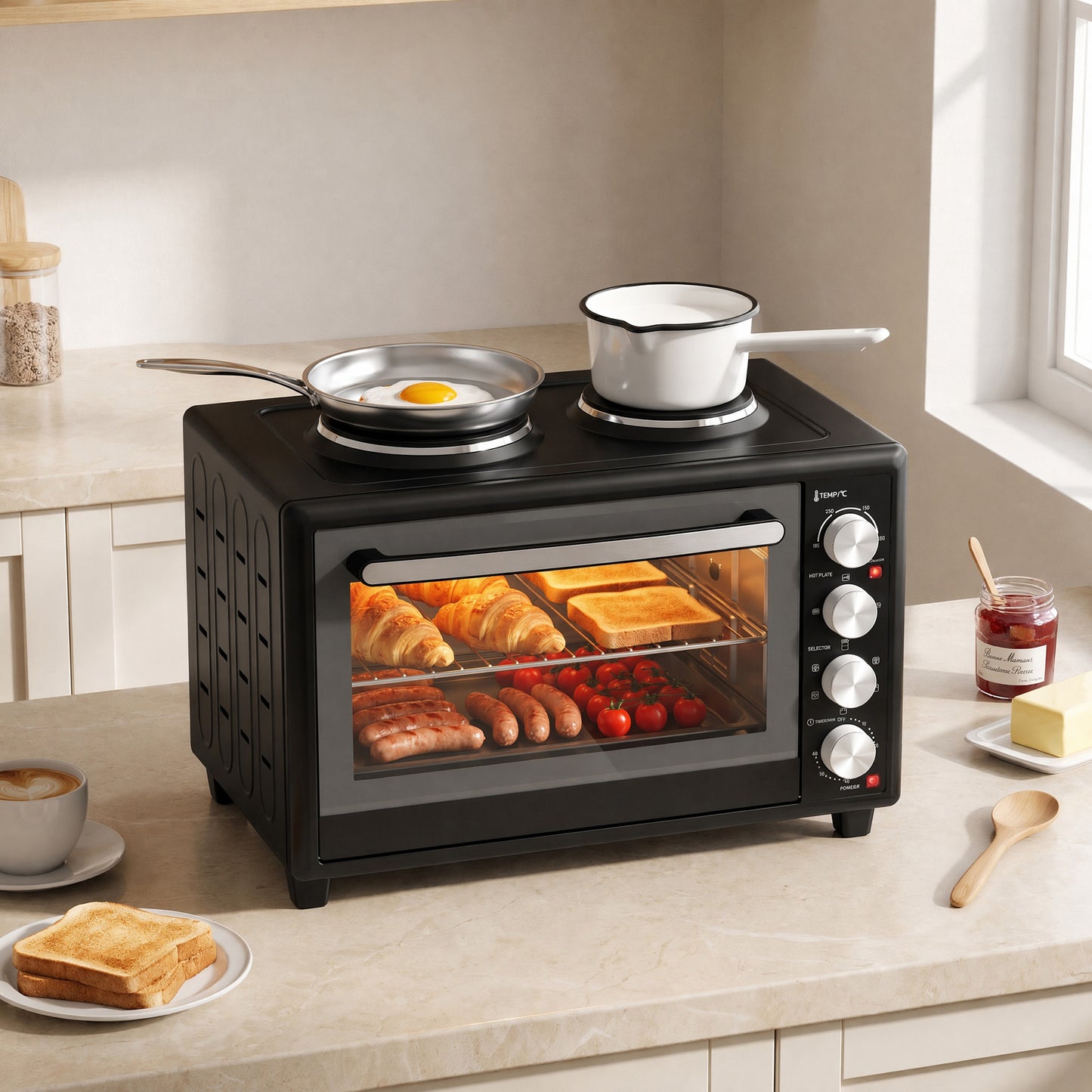 HOMCOM 36L Mini Oven with Dual Hot Plates, Electric Countertop Cooker with Convection, 90â€“230Â°C Adjustable Temperature