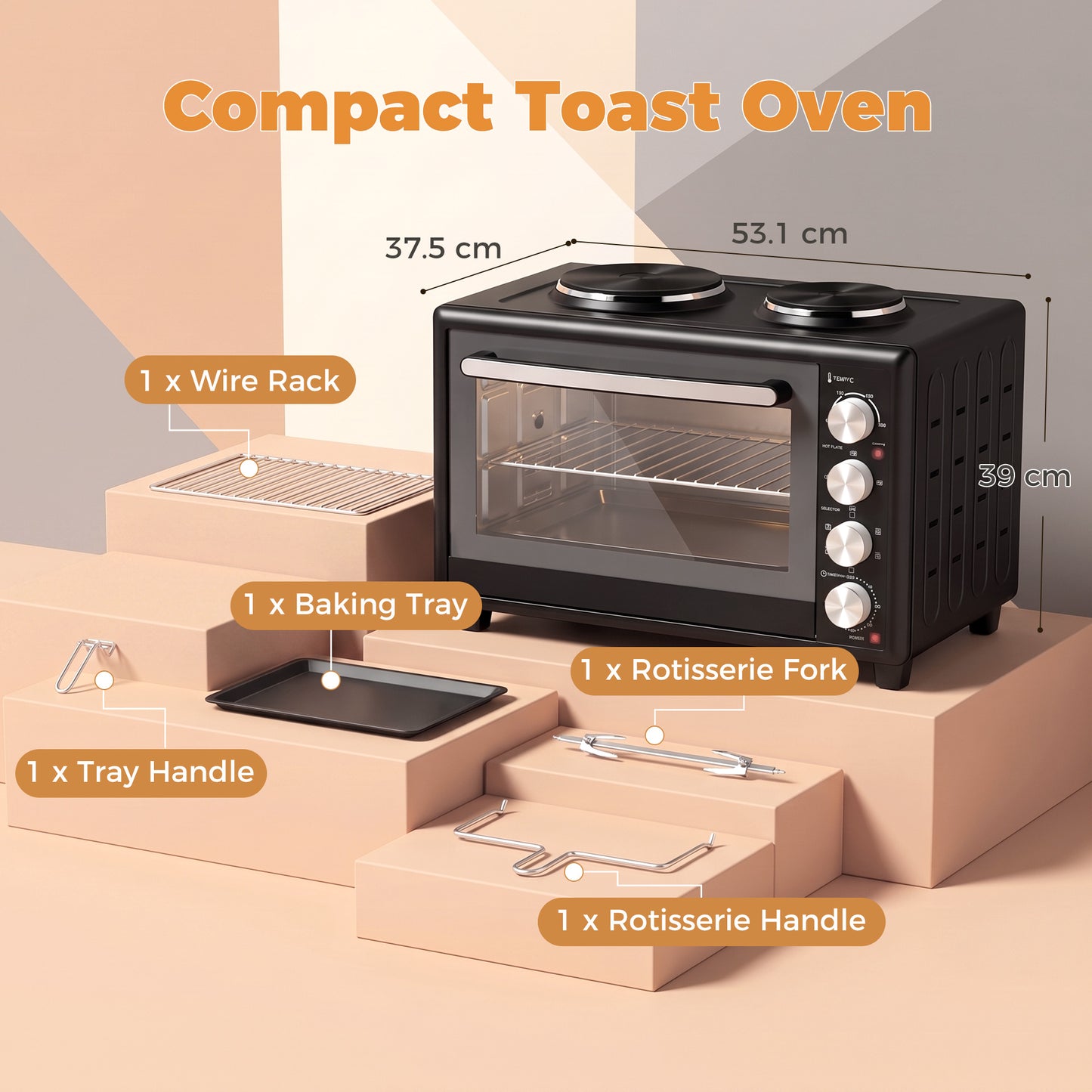 HOMCOM 36L Mini Oven with Dual Hot Plates, Electric Countertop Cooker with Convection, 90â€“230Â°C Adjustable Temperature