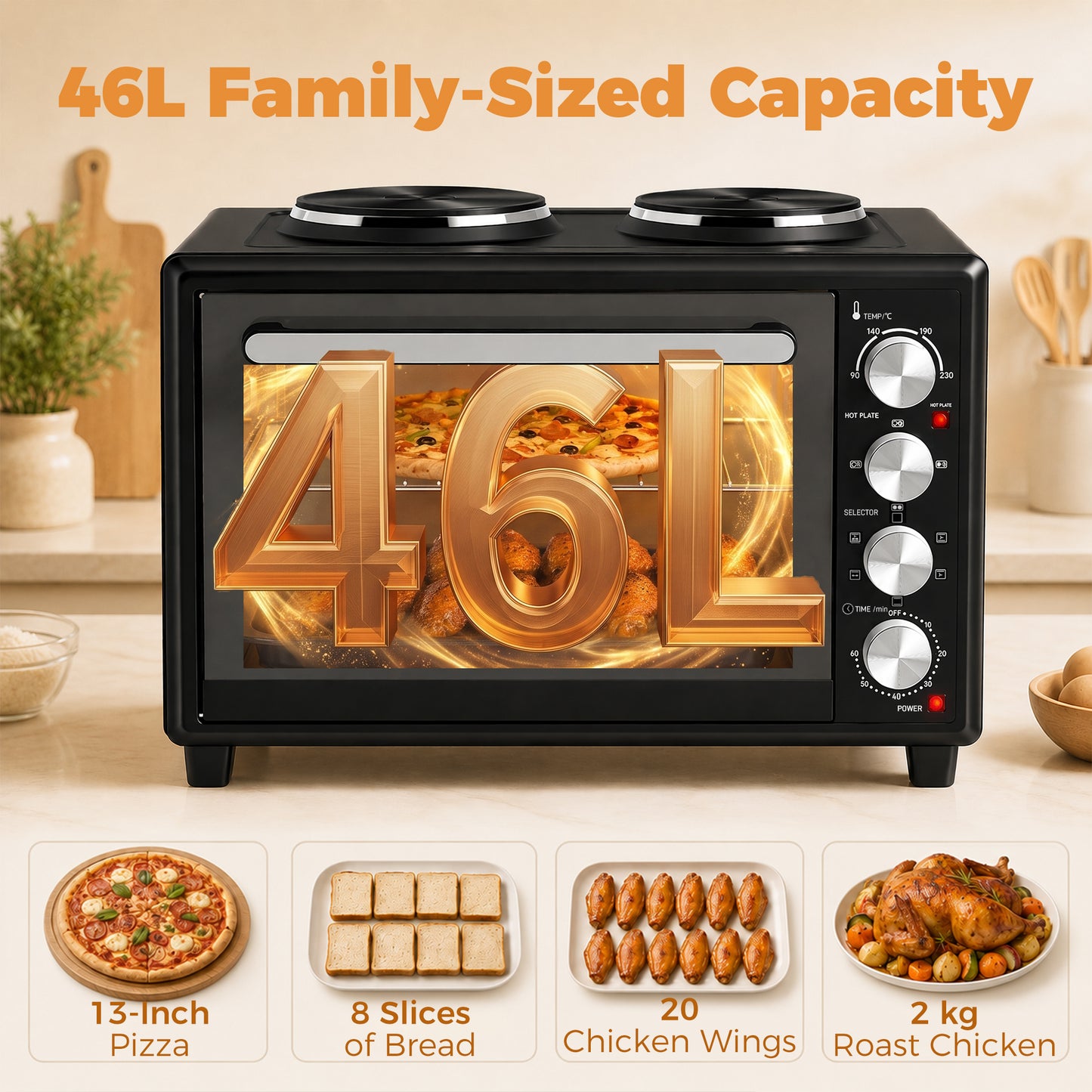HOMCOM 46L Mini Oven with Dual Hot Plates, Electric Countertop Cooker with Convection, 90â€“230Â°C Adjustable Temperature