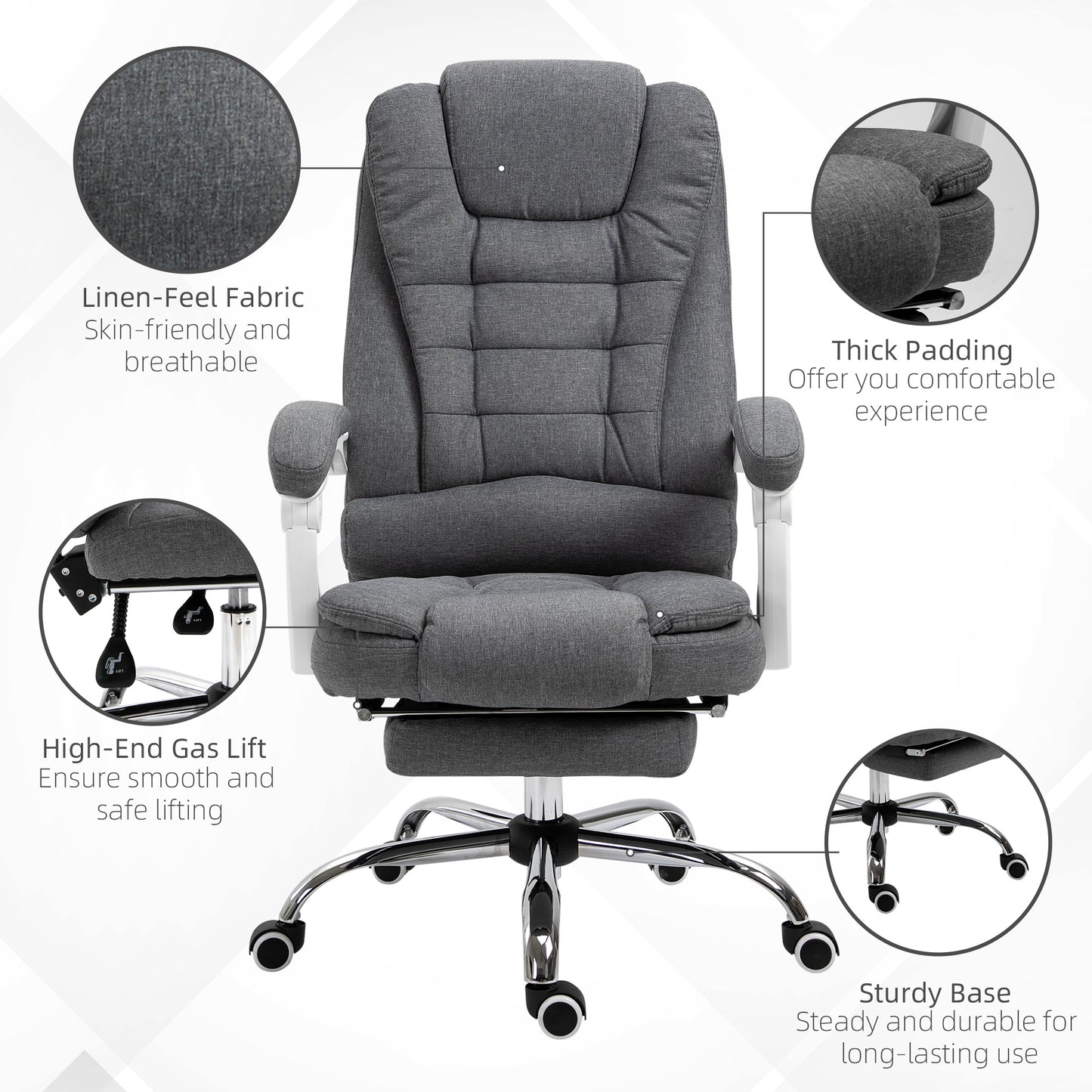 Vinsetto Office Chair, Computer Desk Chair, Linen Fabric Swivel Rolling Task Chair with Large Soft Padded Cushion, 135Â° Reclining Backrest and Retractable Footrest, Grey