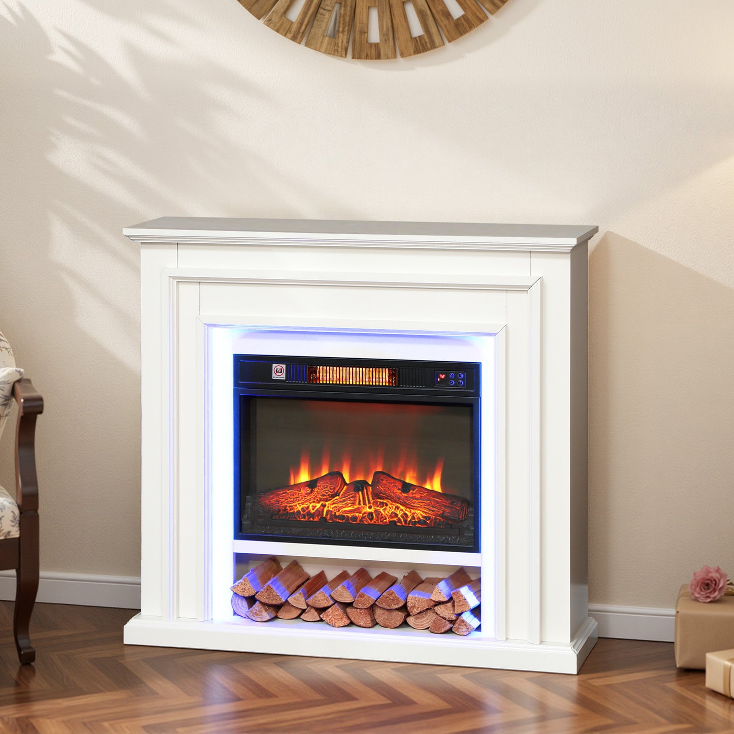 HOMCOM Electric Fireplace with RGB LED Lights, Realistic Flame Effect & 3 Brightness Levels, 1800W Inset Electric Fire and Mantel Reach up to 30 mÂ² Space with Remote & Timer for Living Room, White