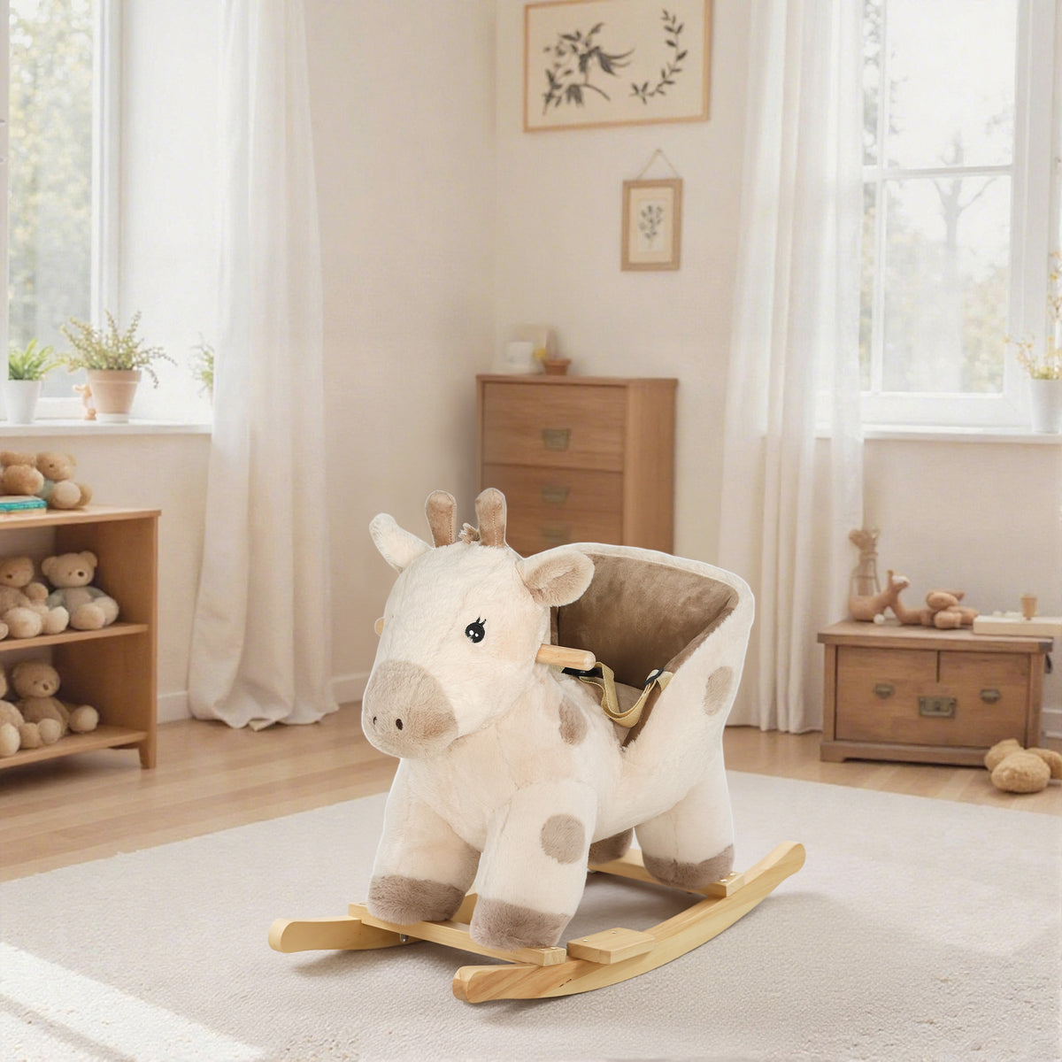 AIYAPLAY Rocking Horse, Stable Plush Ride on Horse Giraffe Design with Music, Security Belt, Baby Toy Rocker for 1-3 Years, Beige