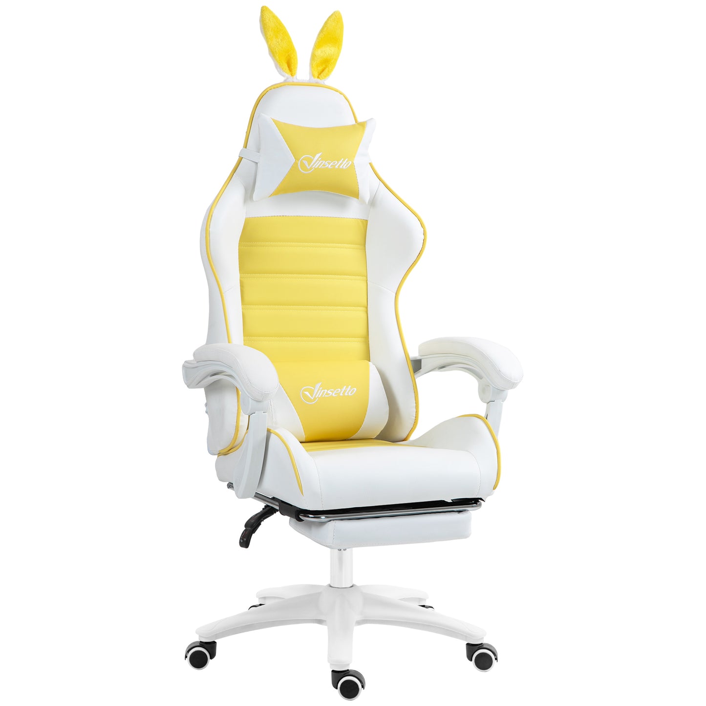 Vinsetto Gaming Chair with Rabbit Ears and Footrest, Ergonomic Computer Chair for Girls Adults, with Headrest, Lumbar Support, Reclining Back, Swivel Wheels, Yellow and White