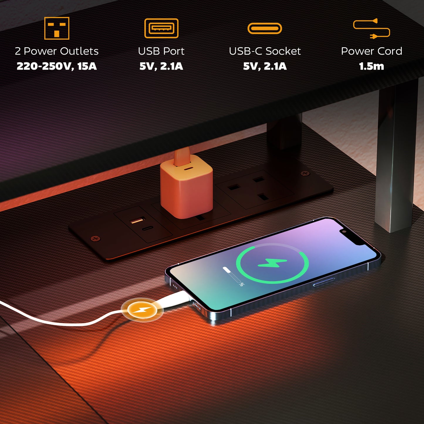 HOMCOM LED Computer Desk, with Power Outlets and Shelves - Carbon Fibre Grey