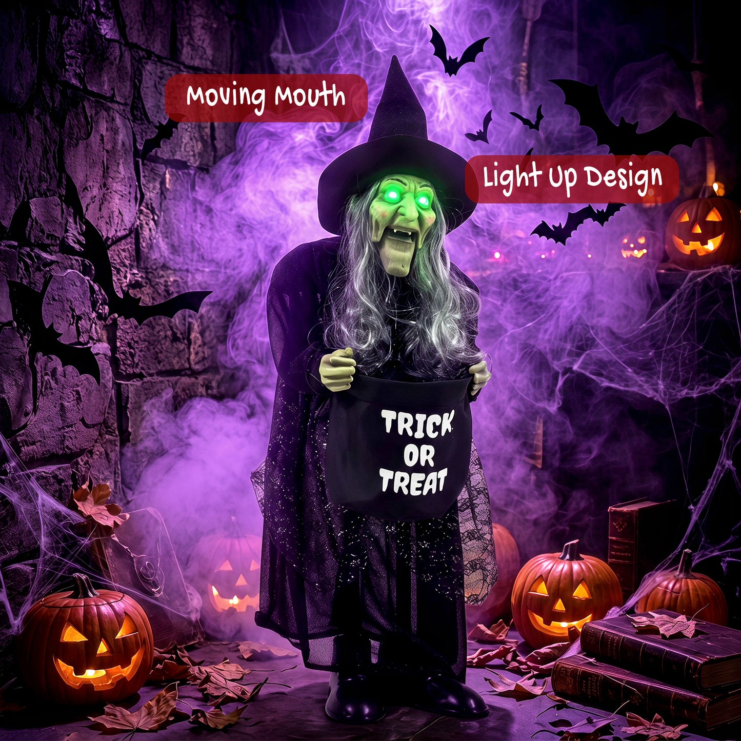 HOMCOM 94cm Animated Witch Halloween Decoration, Scary Halloween Animatronics Decor with Sound Touch Activated & Light Up Eyes