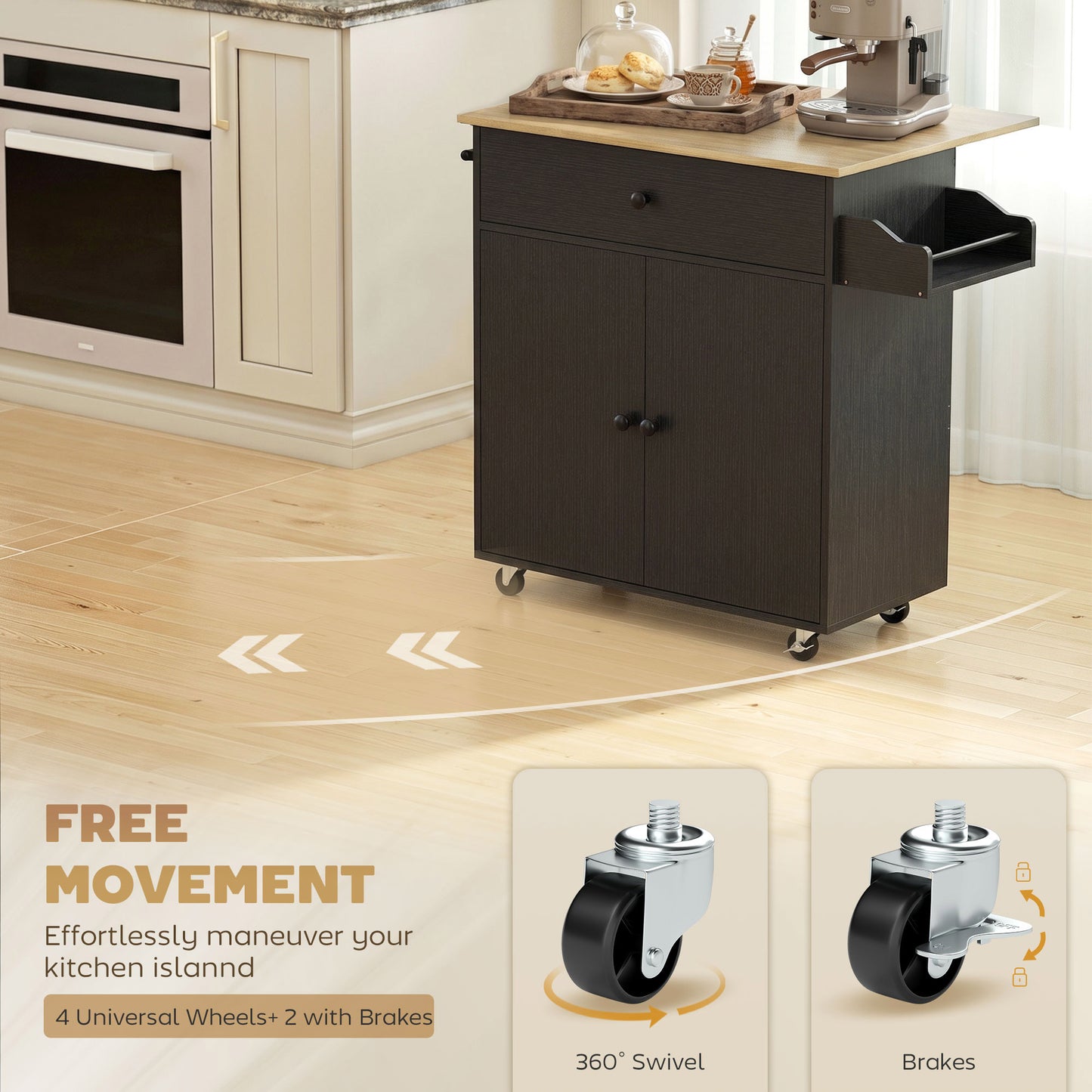 HOMCOM Kitchen Island with Drop Leaf, Rolling Kitchen Storage Trolley on Wheels with Drawer, Spice Rack and Towel Rack, Black