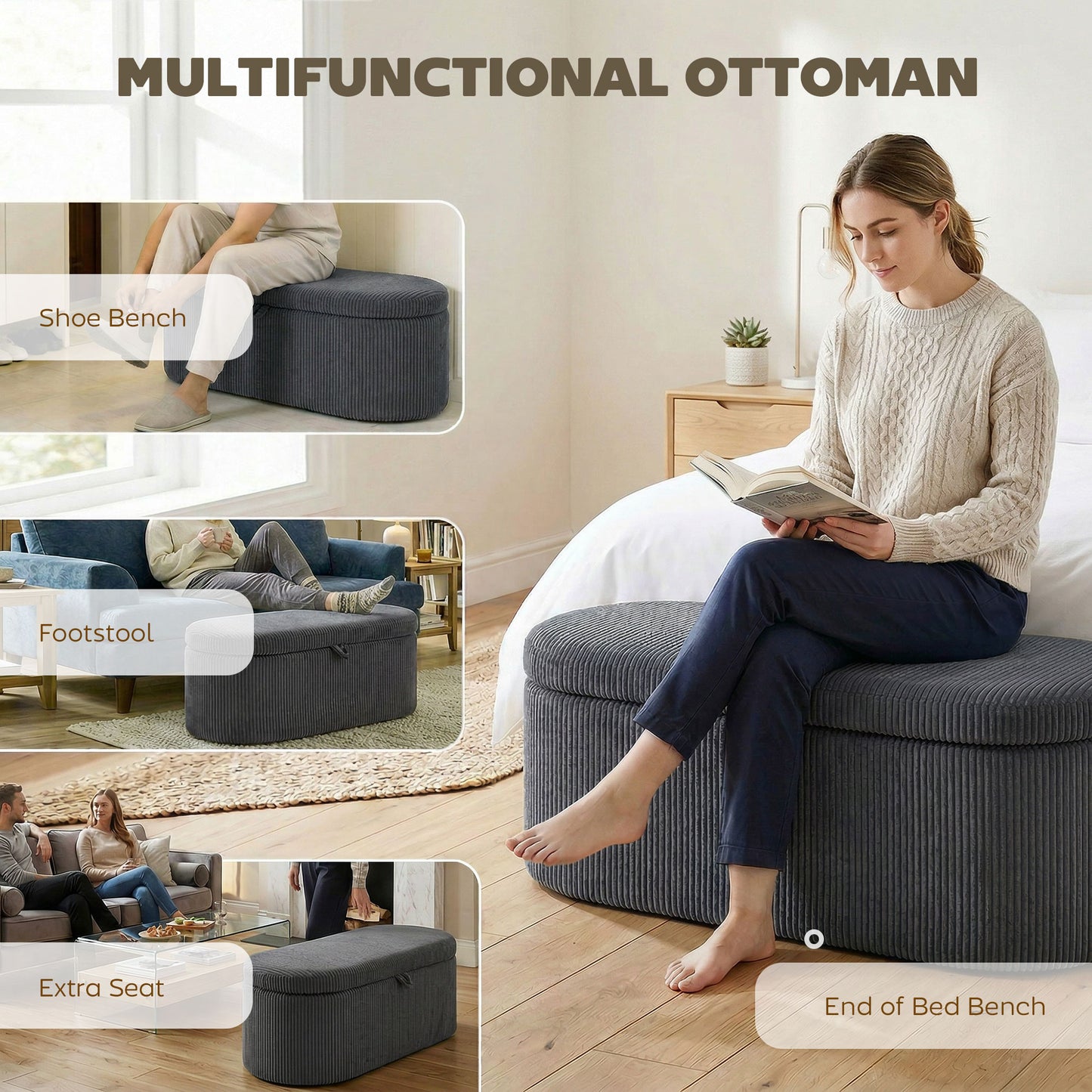 HOMCOM Storage Ottoman, Corduroy Upholstered Ottoman Storage Box with Padded Seat, 105 x 51 x 49 cm, Dark Grey