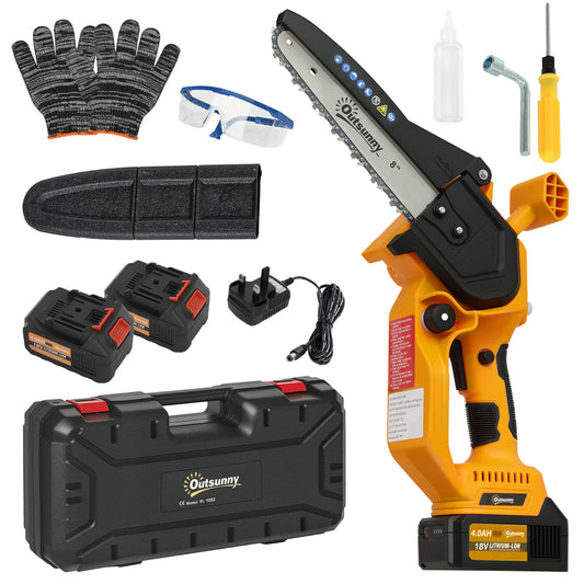 Outsunny Mini Pruning Saw Cordless, 8 Inch Electric Pruning Saw with 2 x 4000mAh Batteries, Brushless Motor and Safety Lock for Tree Trimming, Garden, Wood Cutting, Orange