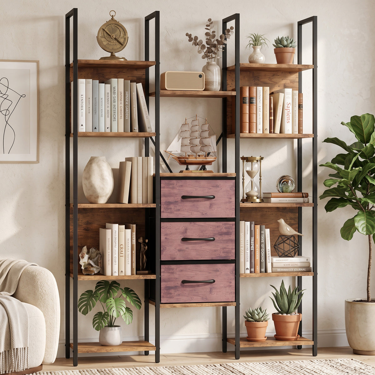 HOMCOM Bookshelf with Drawers Bookcase Open Shelves Storage Unit Study Bedroom Living Room Rustic Brown