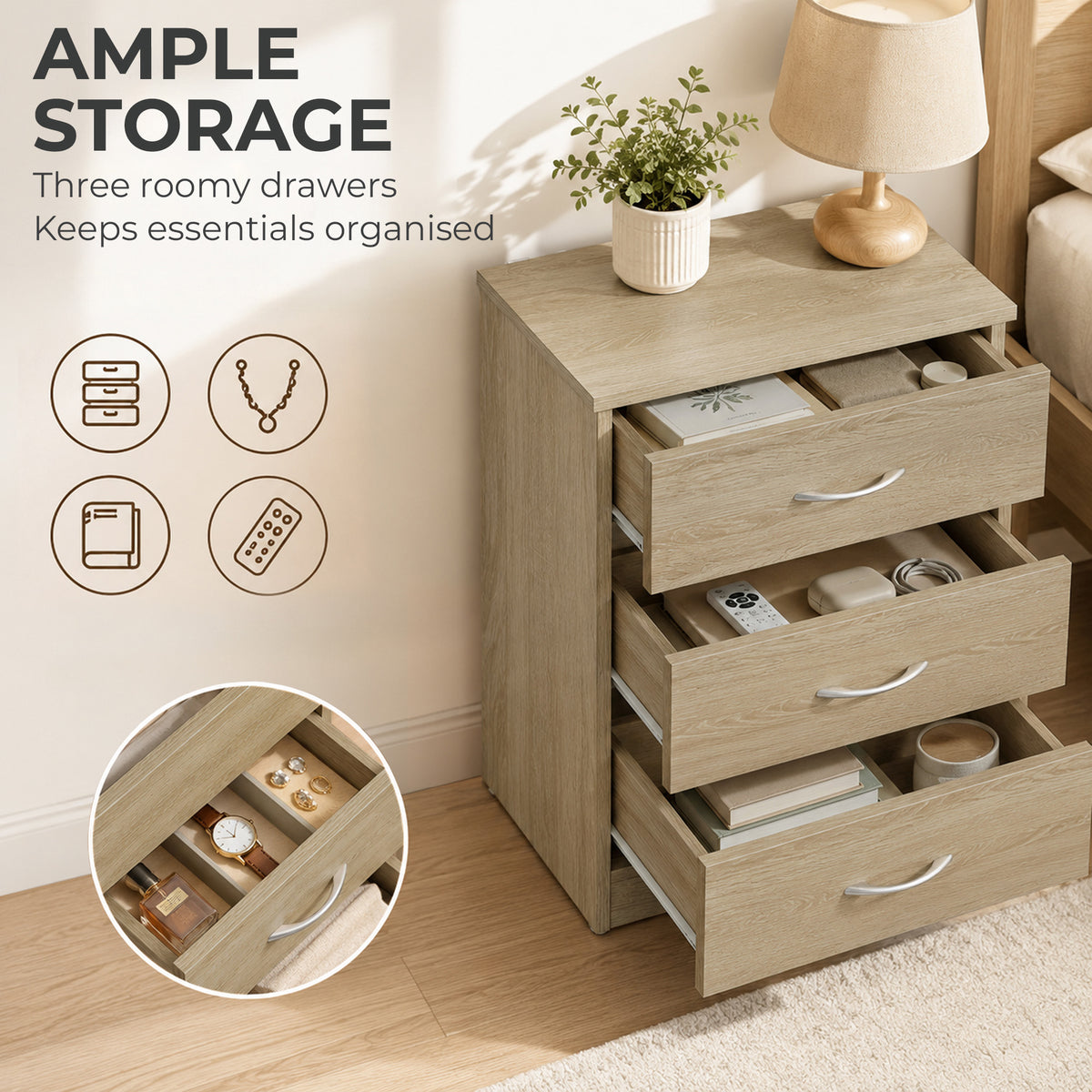 HOMCOM Three-Drawer Simple Bedside Table - Oak