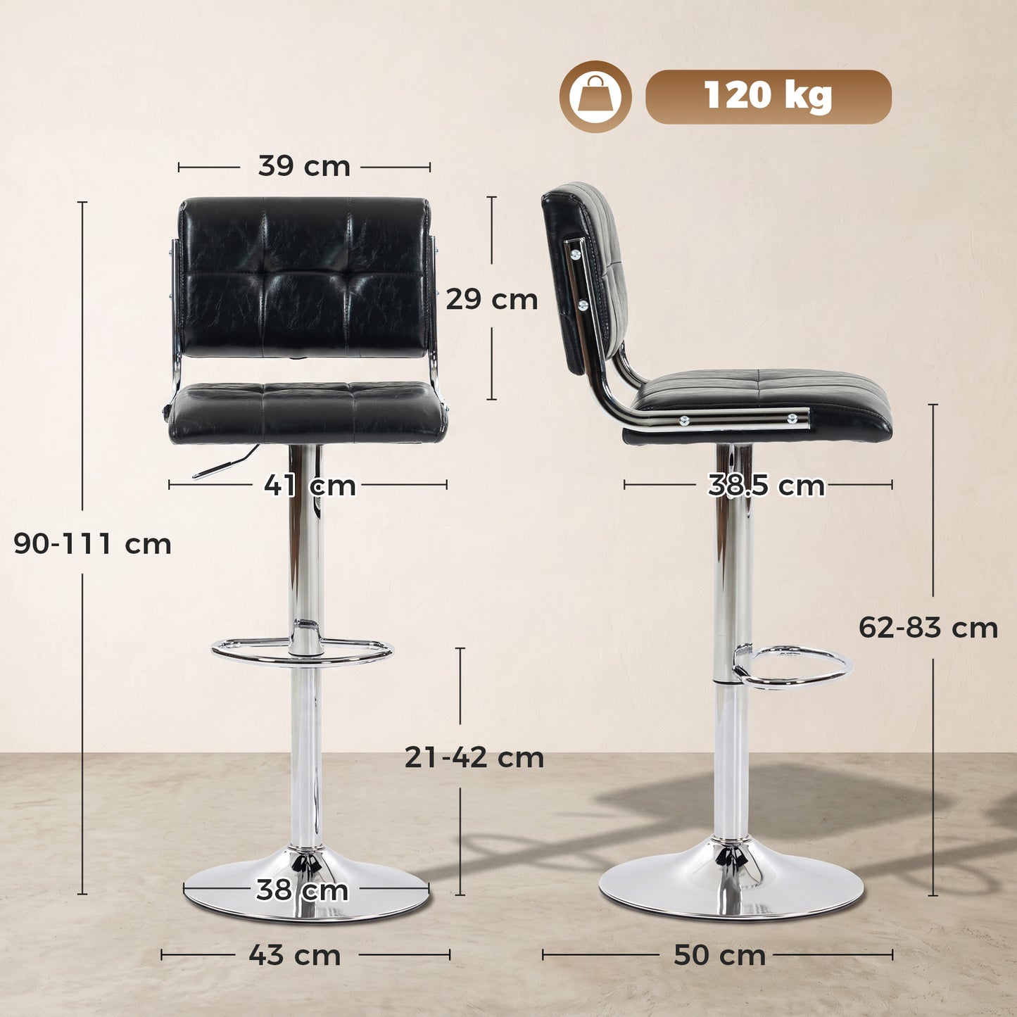 HOMCOM Bar Stools Modern PU Leather Adjustable Breakfast Bar Stools Backrest Set of 2 Black