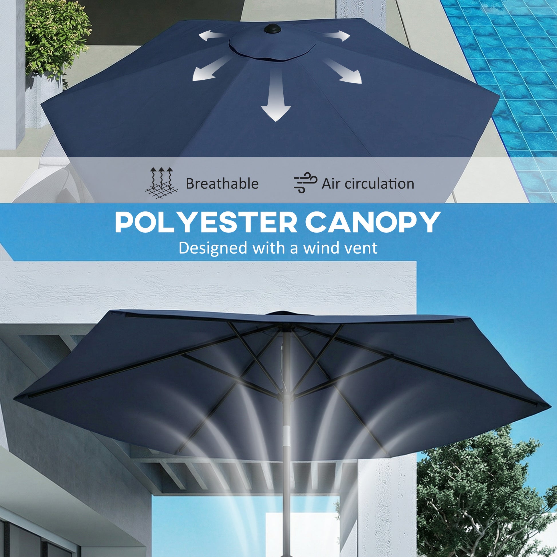 Outsunny 2.6 m Garden Parasol Umbrella with Aluminium Pole, Outdoor Patio Umbrella with Tilt and Crank, Vent, Navy Blue