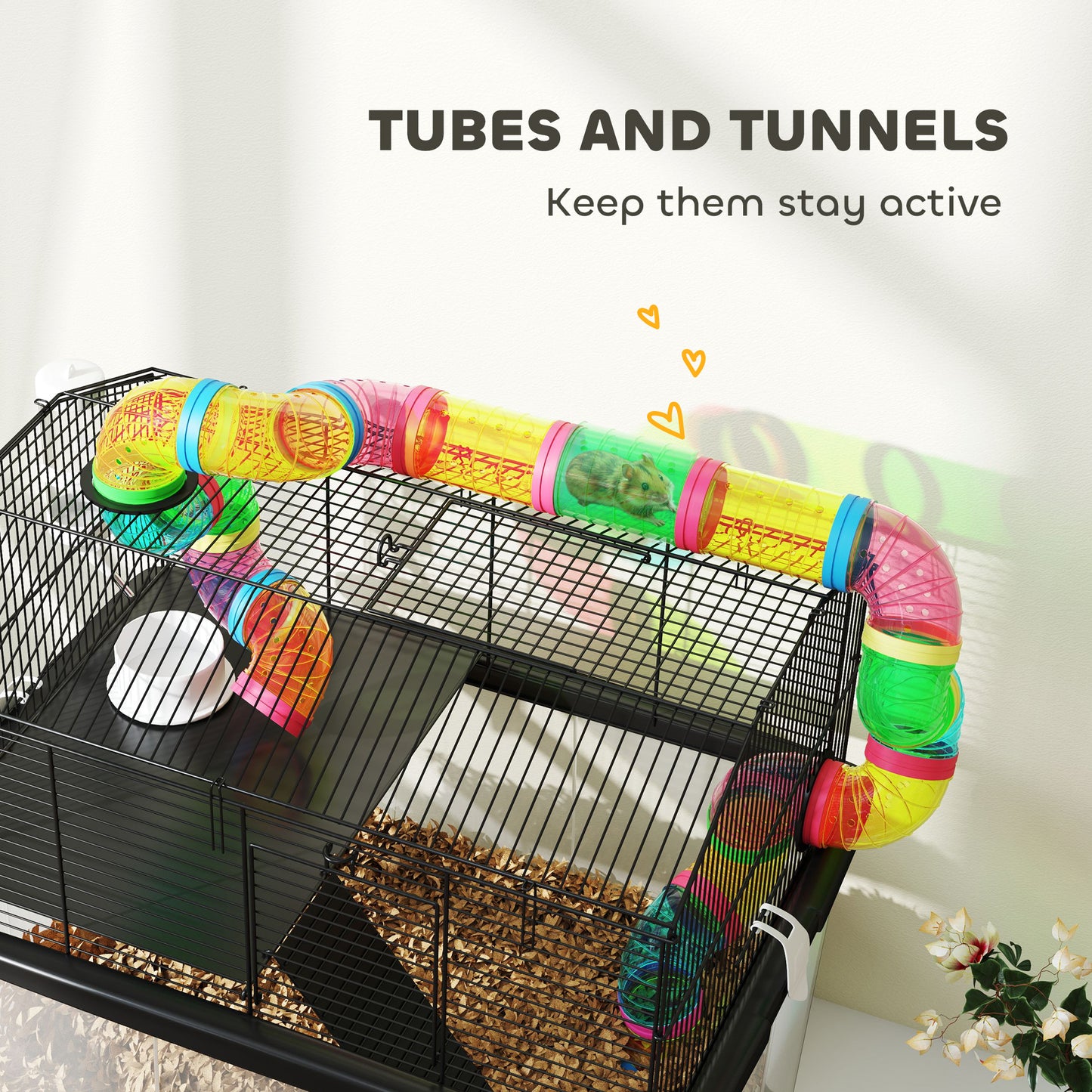 PawHut Two-Tier Hamster Cage with 31cm Deep Tray, Tube System, Water Bottle, Ramp, Feeding Bowl, Multicoloured