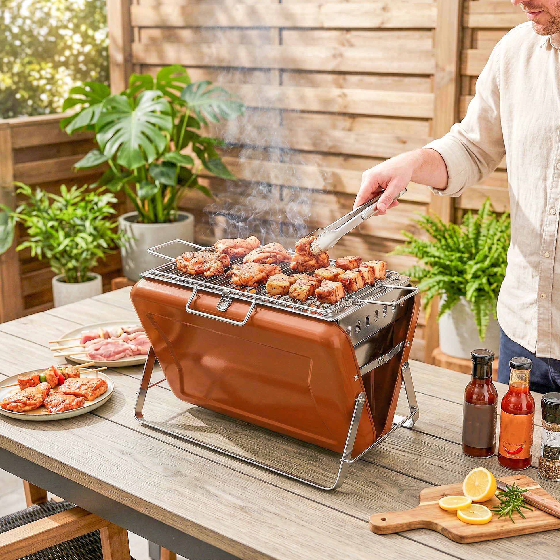 Outsunny Charcoal BBQ Grill Portable Stainless Steel Barbecue with Tilting Grate for Camping Picnic Garden Orange