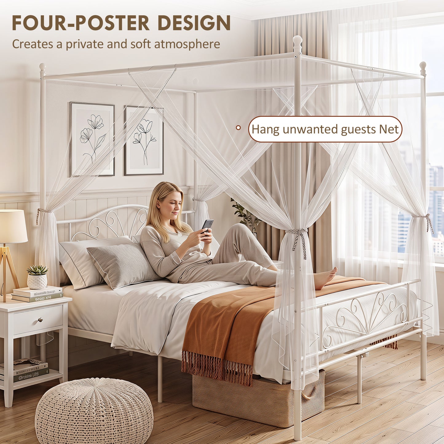 HOMCOM Canopy Bed Frame Double Size, Metal Platform Bed Frame with Headboard and Footboard, Underbed Storage, White
