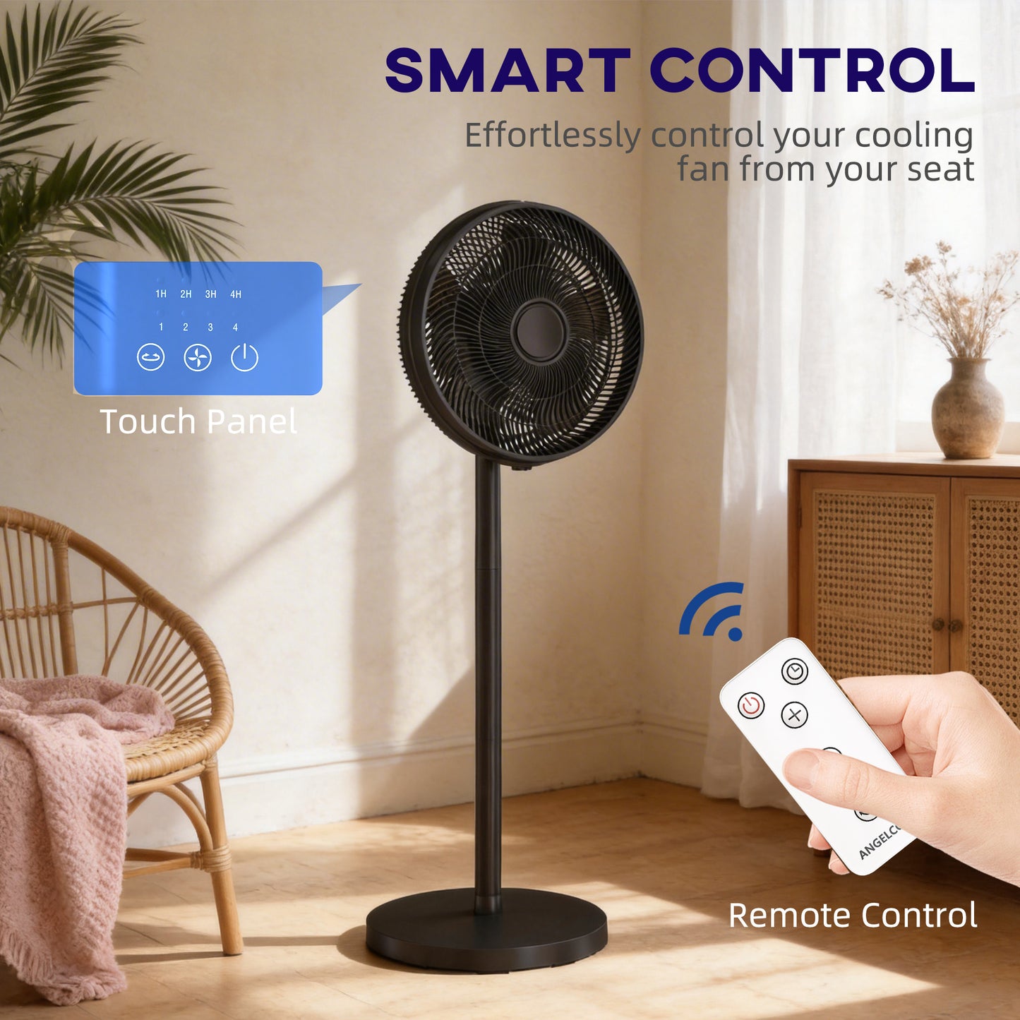 HOMCOM 40 cm Standing Fan, Cooling Floor Fan with 80Â° Oscillating, Adjustable Tilt and Height, 4 Speed, Remote Control, Black