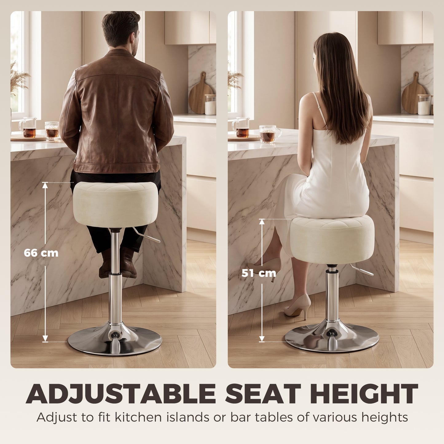 HOMCOM Bar Stool Adjustable Swivel Chair Velvet-Feel Seat 1 Piece, Beige