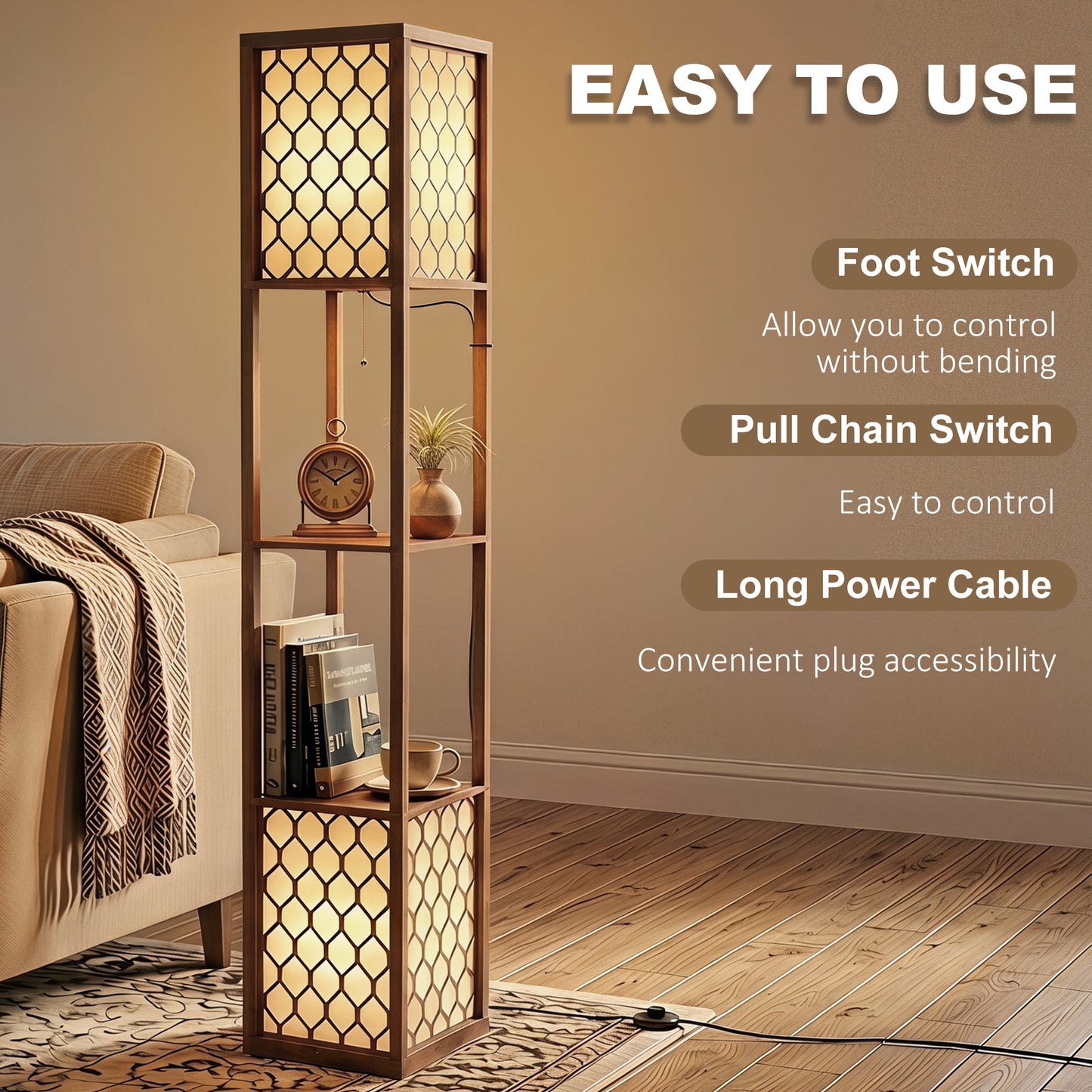 HOMCOM Floor Lamp with Shelves, Modern Tall Standing Lamp with Fabric Lampshades, Zipper Switch and Dual Light, Rustic Brown