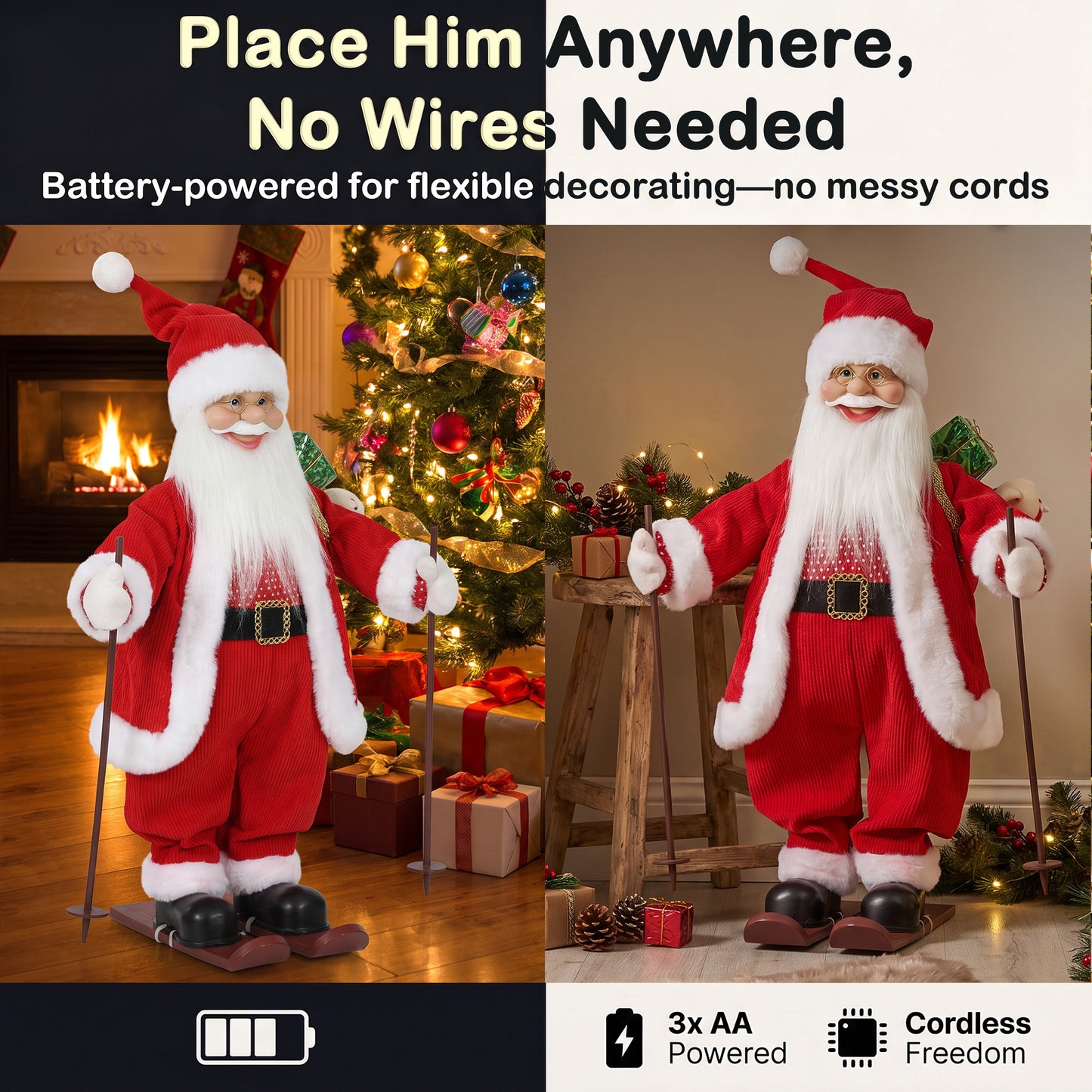 HOMCOM 2ft Singing Skiing Santa Claus, Standing Christmas Animated Santa Figure with Ski Board, Sack, Sound/Touch Activated