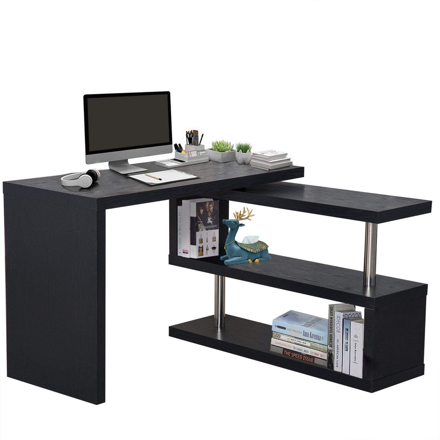 HOMCOM L Shaped Desk with 360Â° Rotating Storage Shelves, Corner Computer Desk, Space Saving Study Table for Home Office, Black