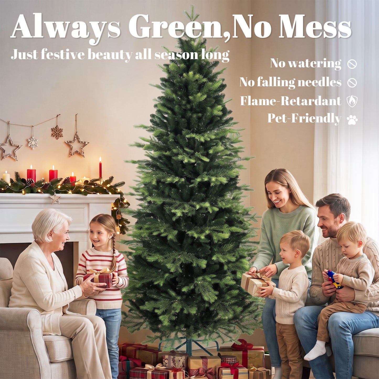 HOMCOM Geneva Fir Hinged Xmas Tree, 7ft/210cm Artificial Christmas Tree with 2079 Branch Tips, Foldable Steel Stand, Green