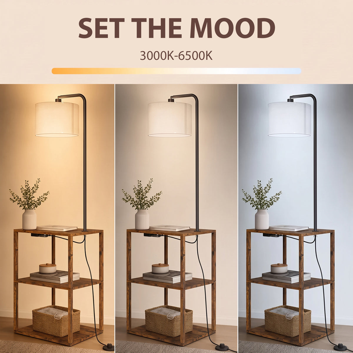 HOMCOM Dimmable Floor Lamp with Shelves, Charging Station, 3-Tier Storage Table, Adjustable Fabric Lampshade, Rustic Brown