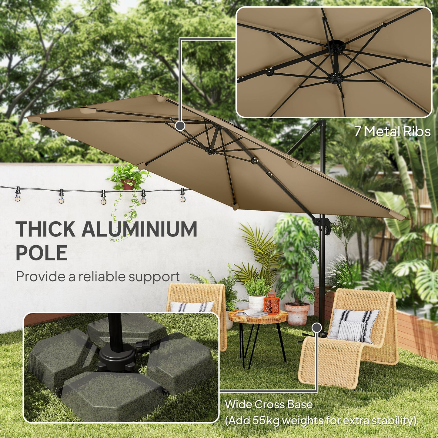 Outsunny 3 x 3 m Cantilever Parasol, Square Patio Umbrella with Crank Handle, Cross Base, Tilt, 360Â° Rotation, Khaki
