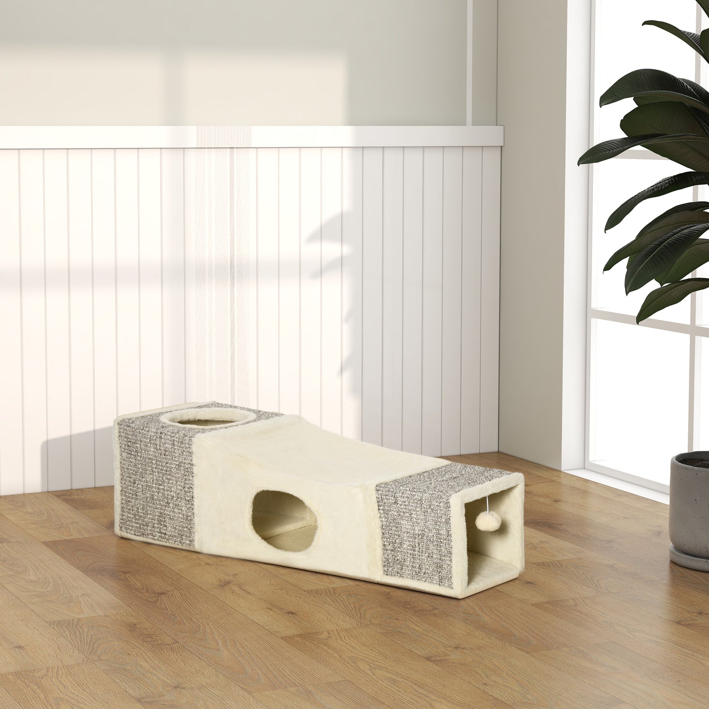 PawHut Cat Tunnel, Plush Large Play Tunnel with Two Caves and Hanging Ball, Cream White