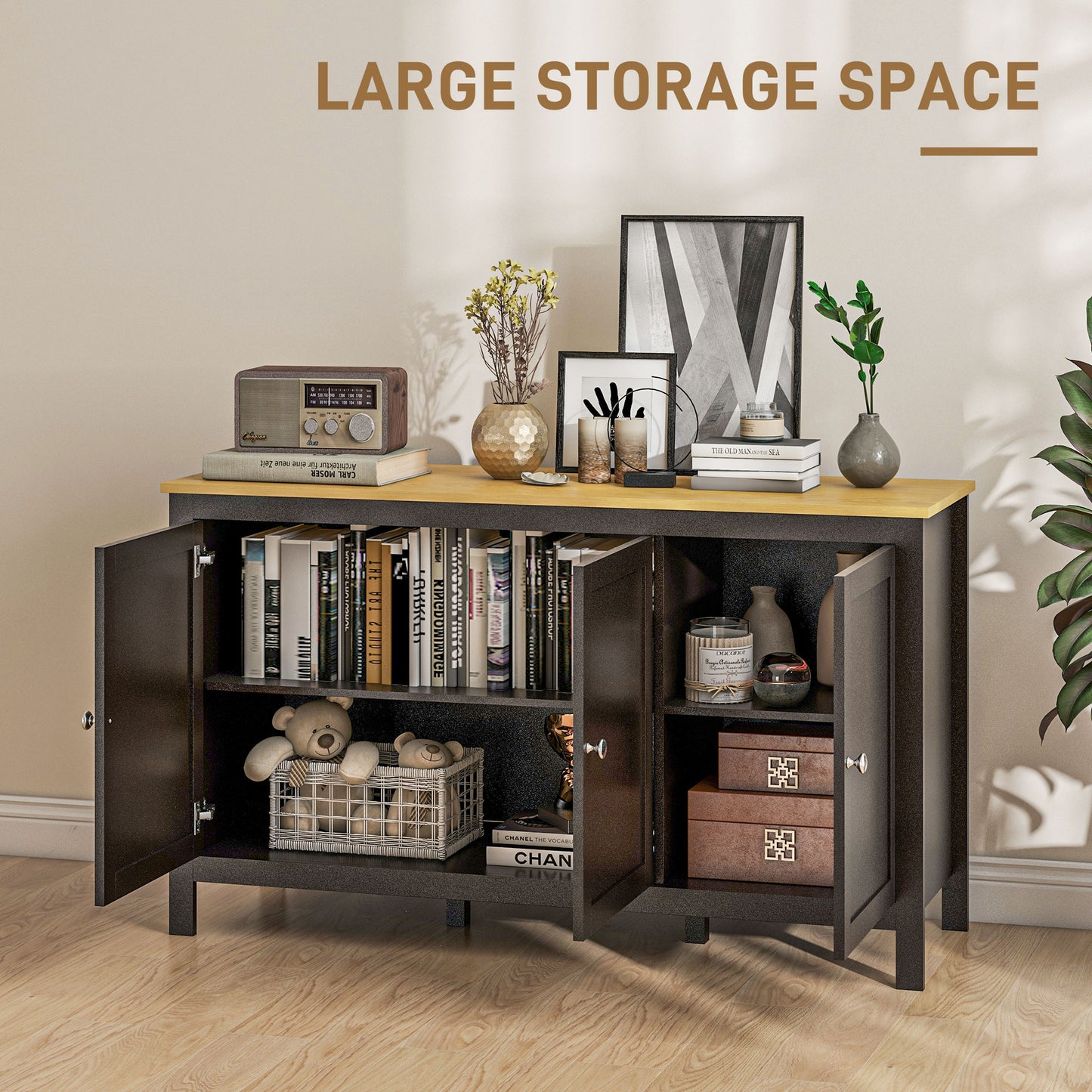 HOMCOM Sideboard, Buffet Cabinet with Doors and Adjustable Shelves for Living Room, Entryway, Black and Natural