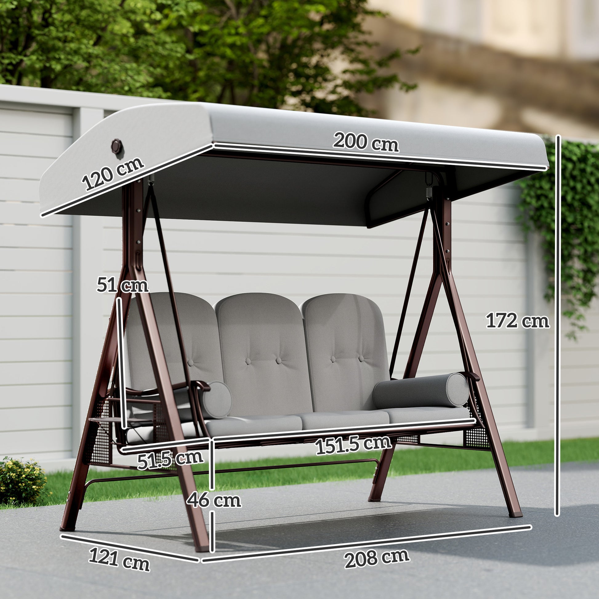 Outsunny 3 Seater Canopy Swing Chair, Outdoor Garden Swing Seat with Adjustable Canopy, Cushions and Cup Trays, Steel Frame, Light Grey