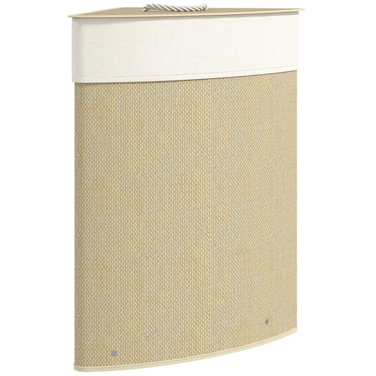 HOMCOM Bamboo Laundry Basket with Lid, 55L Corner Laundry Hamper with Removable Washable Liner Bag, Bathroom Triangle Washing Basket, 35 x 35 x 60 cm, Nature Wood Finish