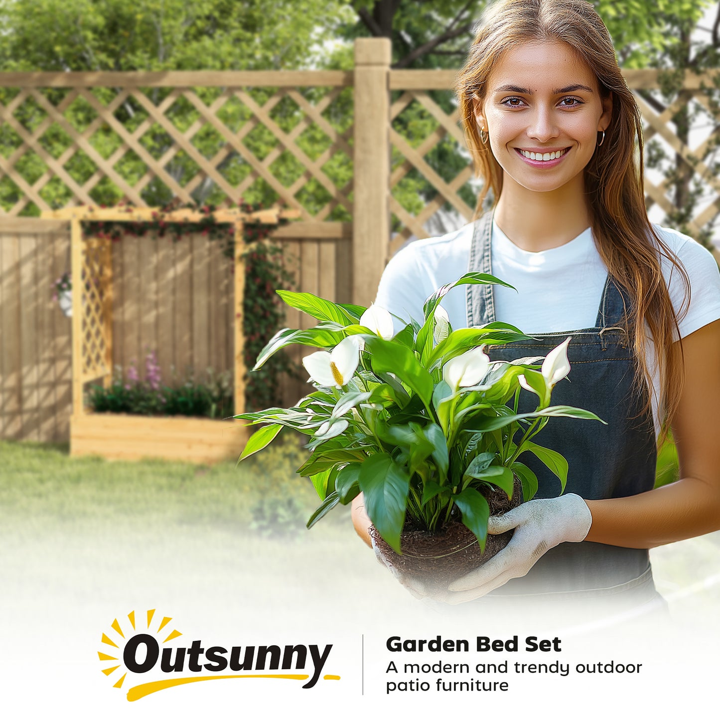 Outsunny Garden Planter with Trellis, Wooden Raised Bed for Garden with Hanging Roof and Drainage Holes, Outdoor Trellis Planter Box for Vegetables, Herbs and Flowers, 110 x 44 x 113 cm, Natural