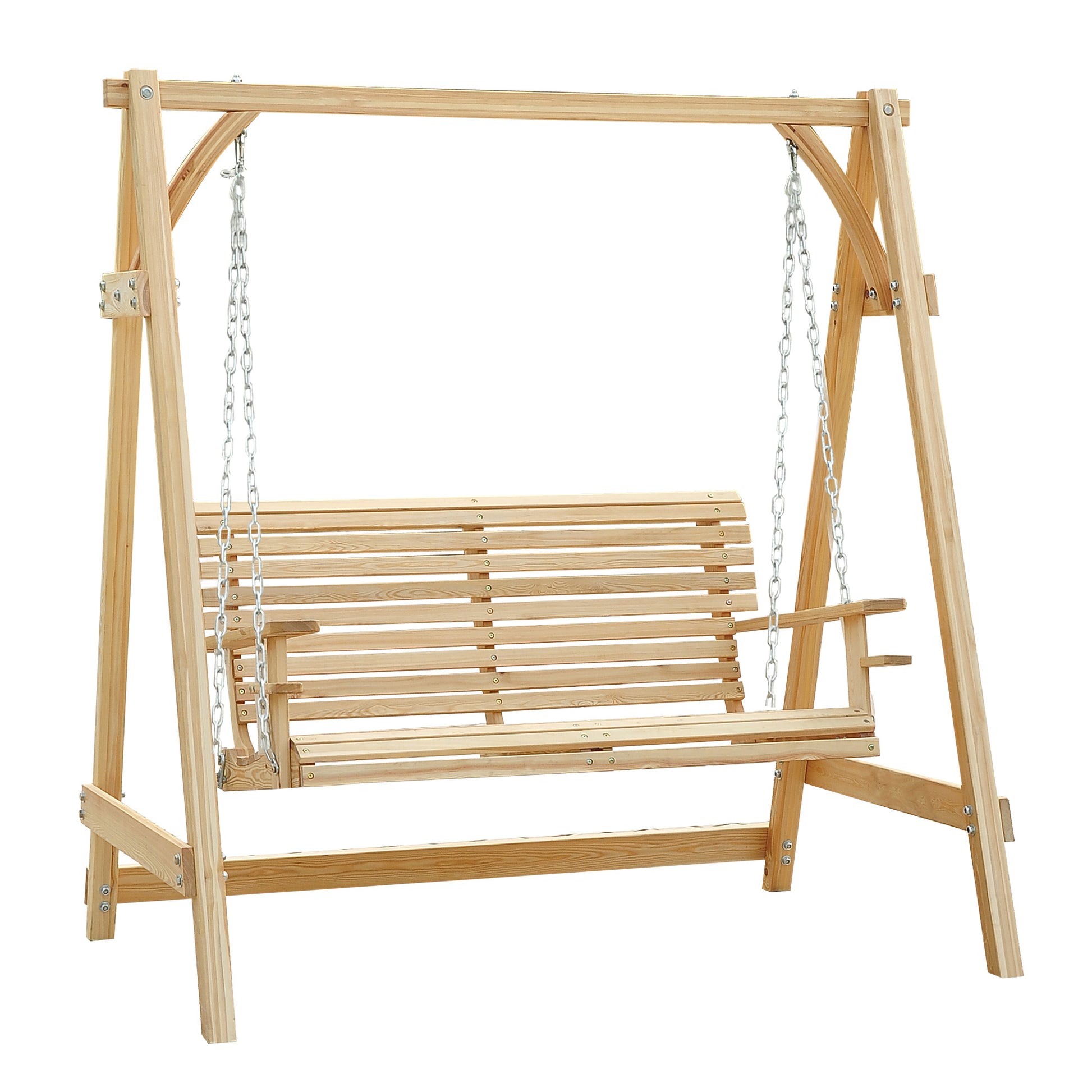 Outsunny 2 Seater Garden Swing Seat, Wooden Swing Chair Bench with Cup Holders for Outdoor Porch Patio, Natural Default Title