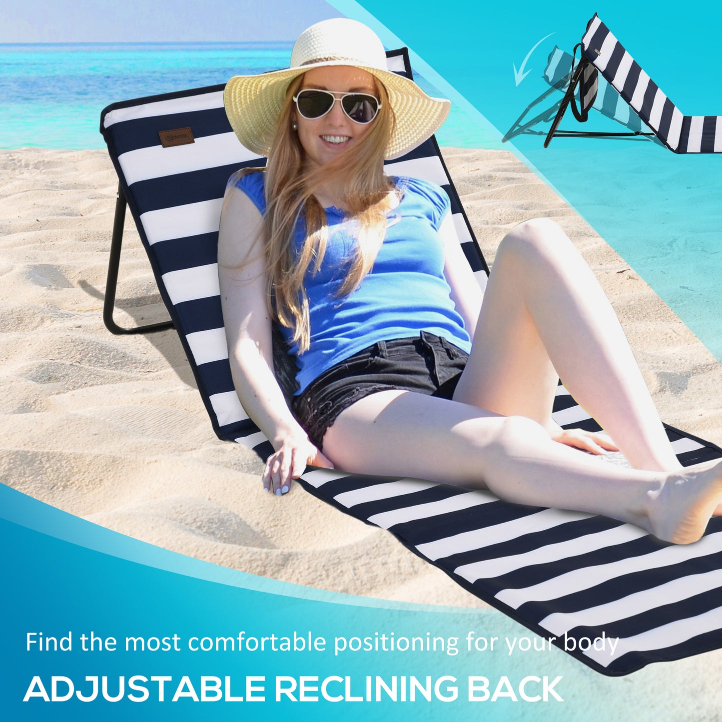Outsunny Set of 2 Foldable Garden Beach Chair Mat, Outdoor Sun Lounger Seats with Adjustable Back, Magazine Pocket, Carry Strap