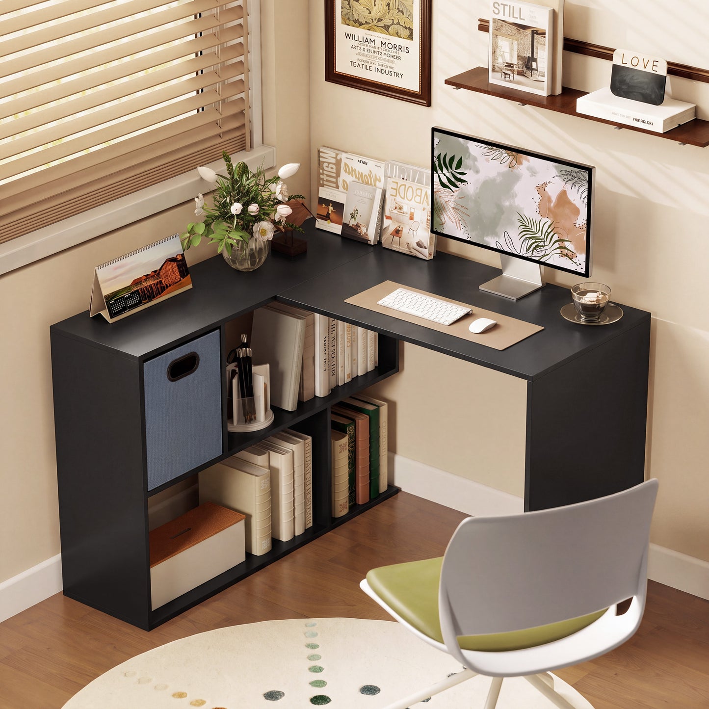 HOMCOM 110 cm L-Shaped Desk, Small Computer Desk with Fabric Drawer and Storage Shelves for Home Office, Study, Black