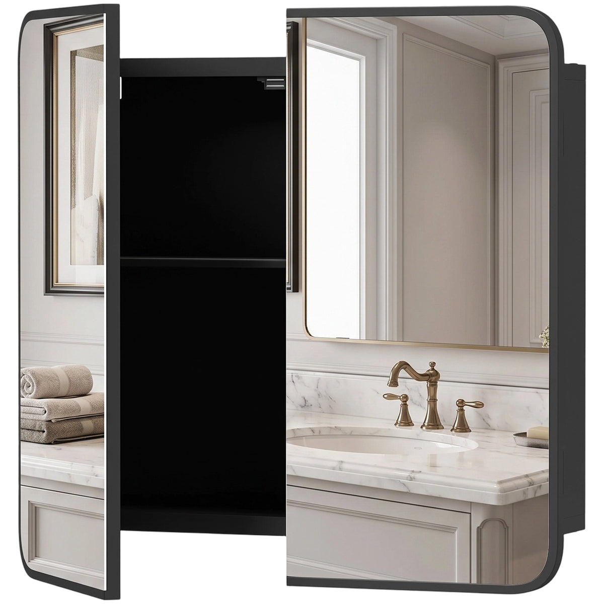 HOMCOM Bathroom Medicine Mirror Cabinet, Bathroom Wall Cabinet with Storage, Magnetic Doors and Adjustable Shelf, Black Default Title