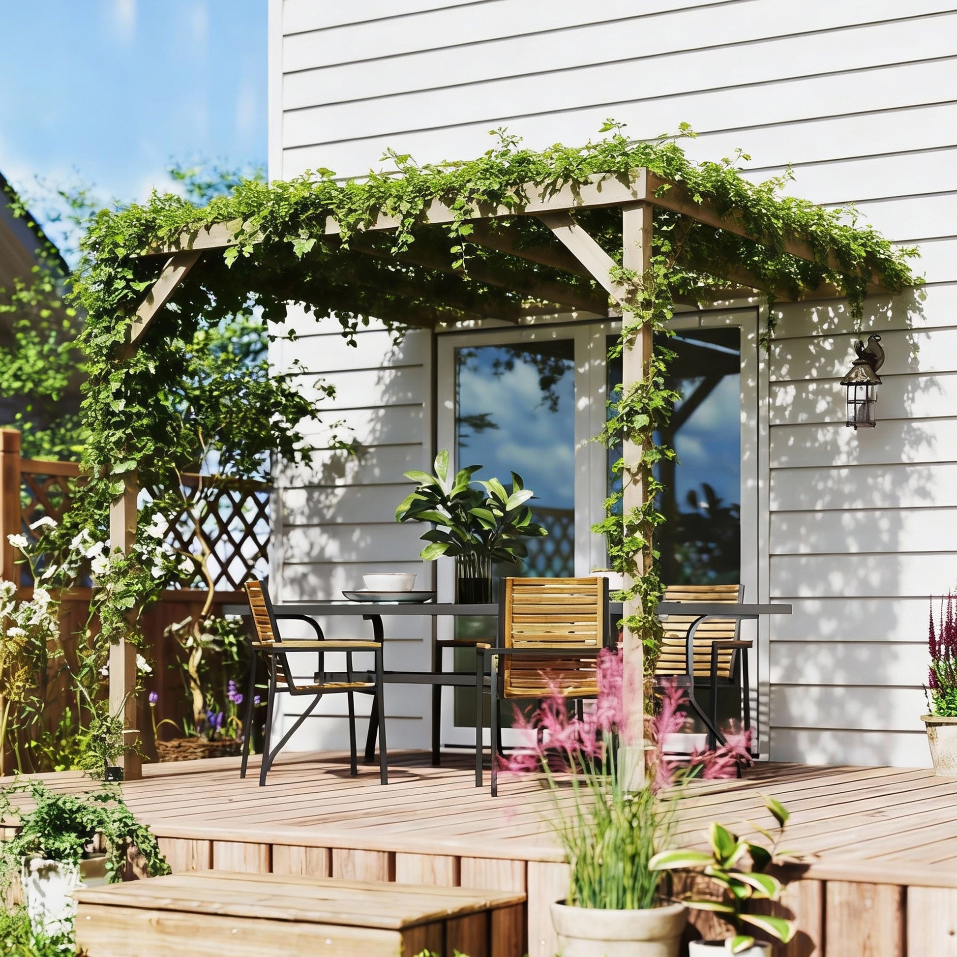 Outsunny Lean-To Wooden Pergola Kit, Decorative Garden Gazebo with Stable Structure and Concrete Anchors, 2.4 x 2.4m, Light Brown