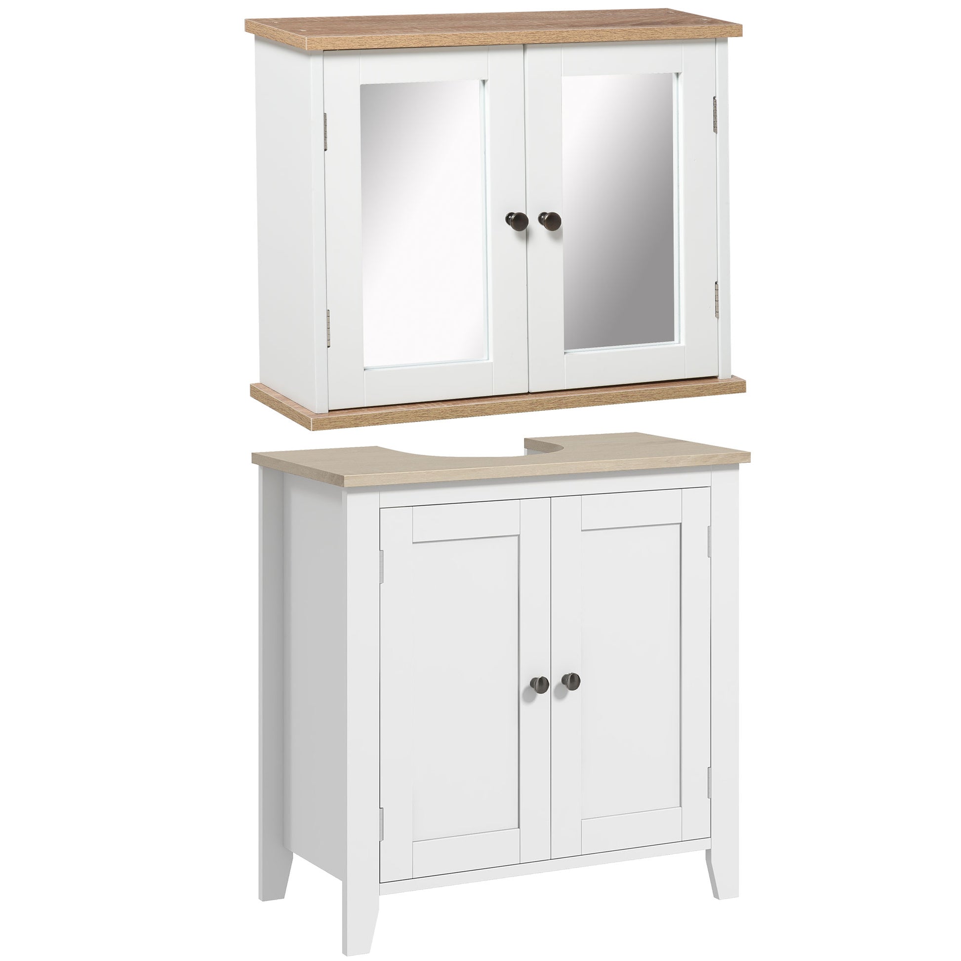 kleankin Bathroom Furniture Set, Mirror Cabinet Wall Mounted with Adjustable Shelf, Bathroom Sink Cabinet with Storage, White and Wood Grain