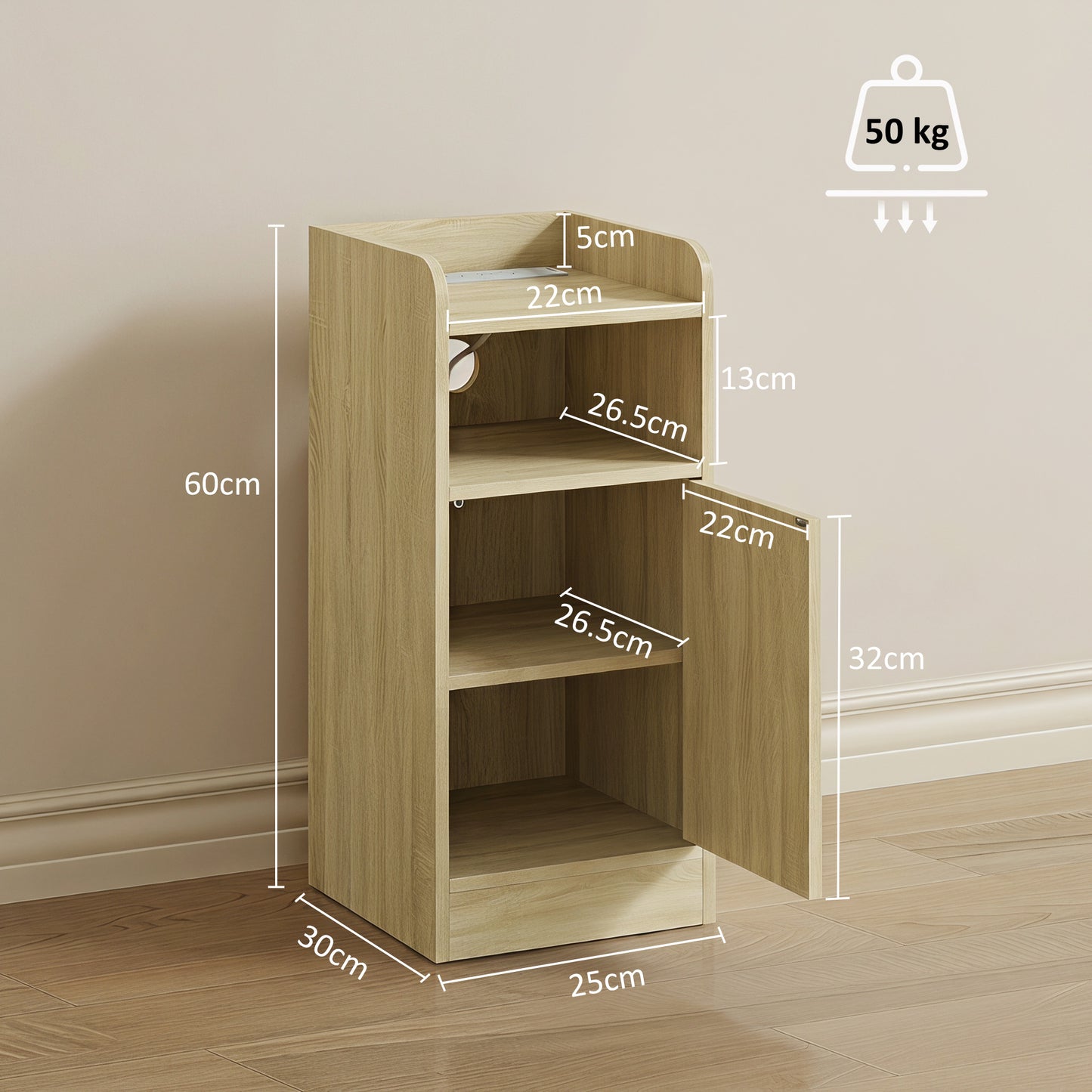 HOMCOM Slim Bedside Table Set of 2 with Charging Station, Narrow Bedside Cabinet with Adjustable Shelf, Oak