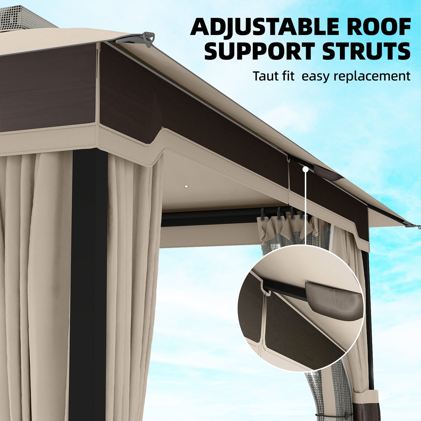 Outsunny 3 x 3.6 m Outdoor Garden Gazebo with Netting and Curtains, DoubleÂ Roof Patio Gazebo Permanent Pavilion, Khaki