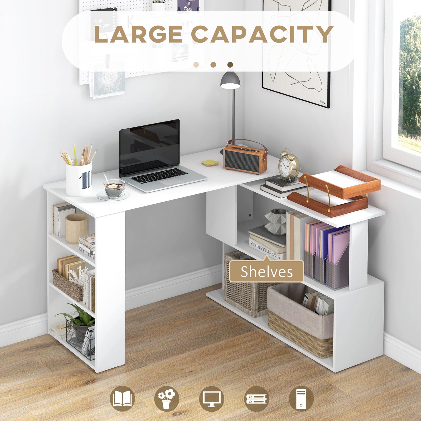 HOMCOM Corner Computer Desk, L Shaped Desk with 360Â° Rotating Bookshelf, 120L x 110W x 74.5H cm, White