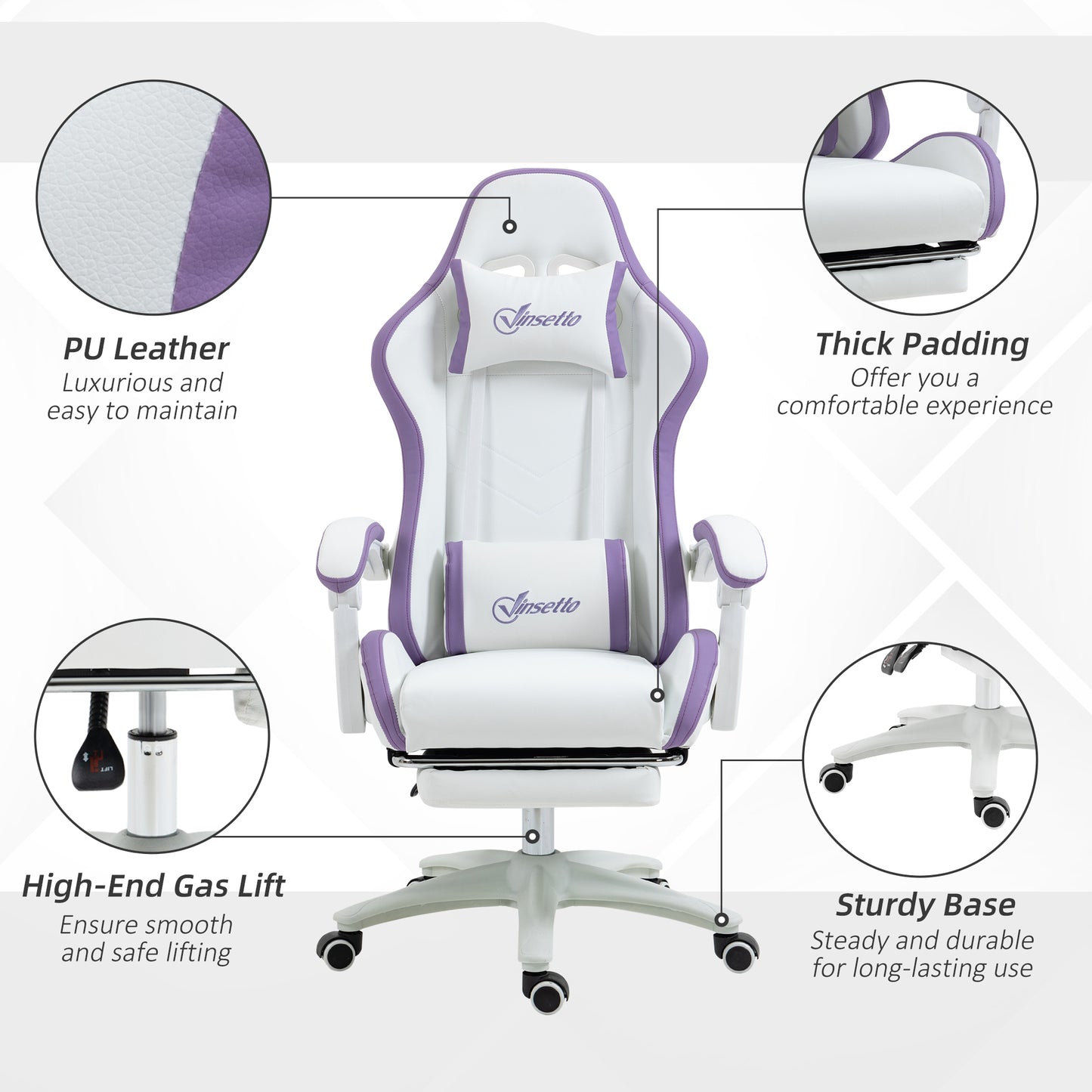 Vinsetto Computer Gaming Chair, PU Leather Office Desk Chair with Footrest, Swivel Wheels, 135Â° Reclining Back, Lumbar Support, Headrest for Home, White and Purple