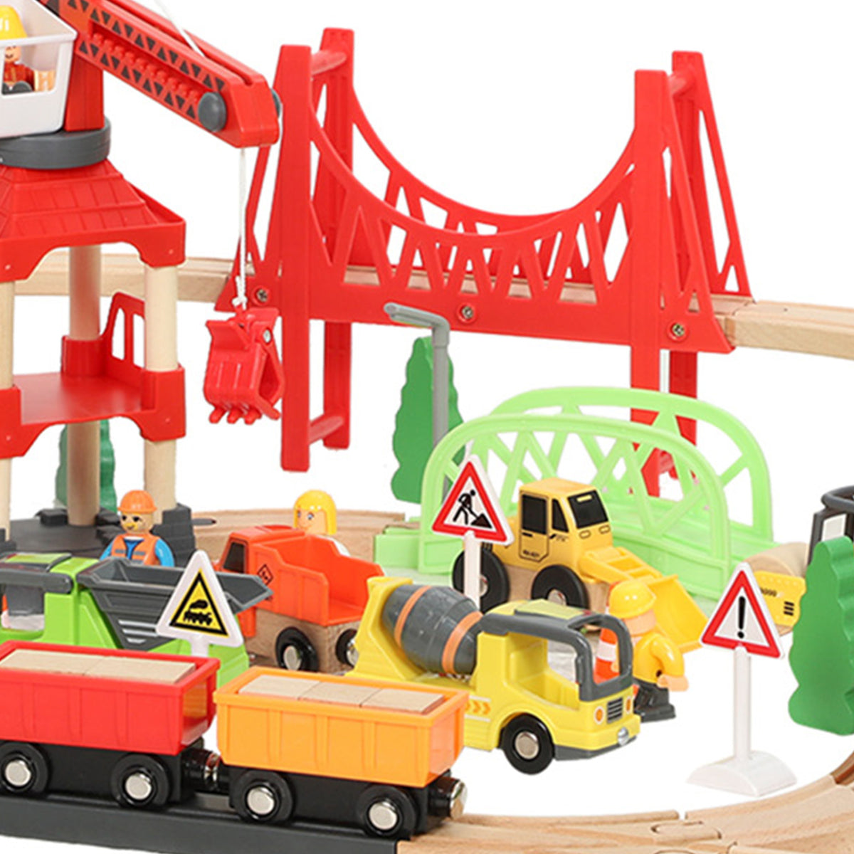 AIYAPLAY 91-Piece Wooden Train Set, Toy Train with Magnetic Crane, Sound Effects Track, for Kids Ages 3+