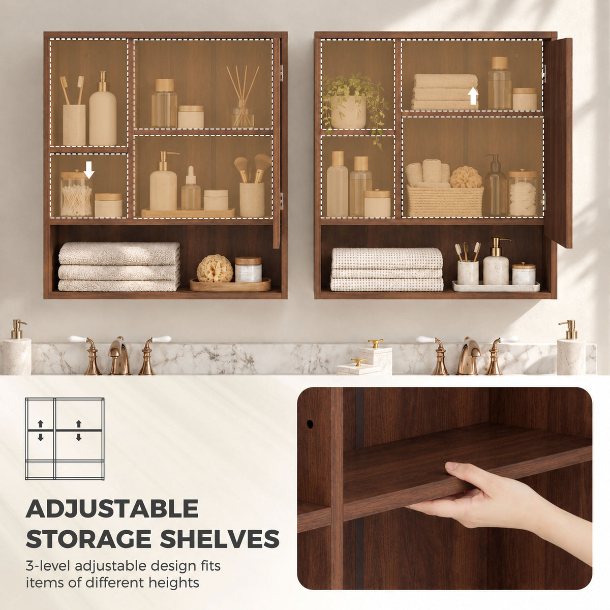 HOMCOM Bathroom Mirror Cabinet, Wall-Mounted Bathroom Cabinet with Mirror Door, Adjustable Shelves, Walnut Brown