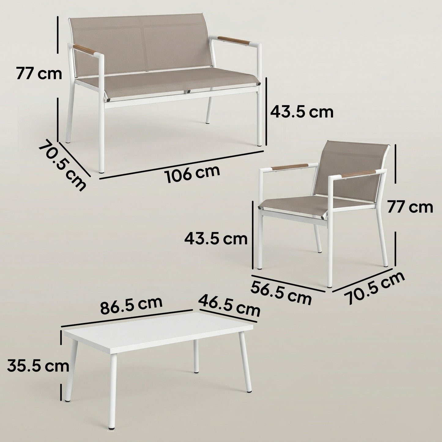Outsunny 4 Seater Garden Furniture Set with Loveseat, Armchairs, Table, Metal Garden Sofa Set with Breathable Seats, Khaki