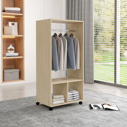 HOMCOM Open Wardrobe on Wheels, Bedroom Wardrobe with Clothes Hanging Rail, 2 Storage Shelves, Mobile Garment Rack for Cloakroom, Hallway, Natural