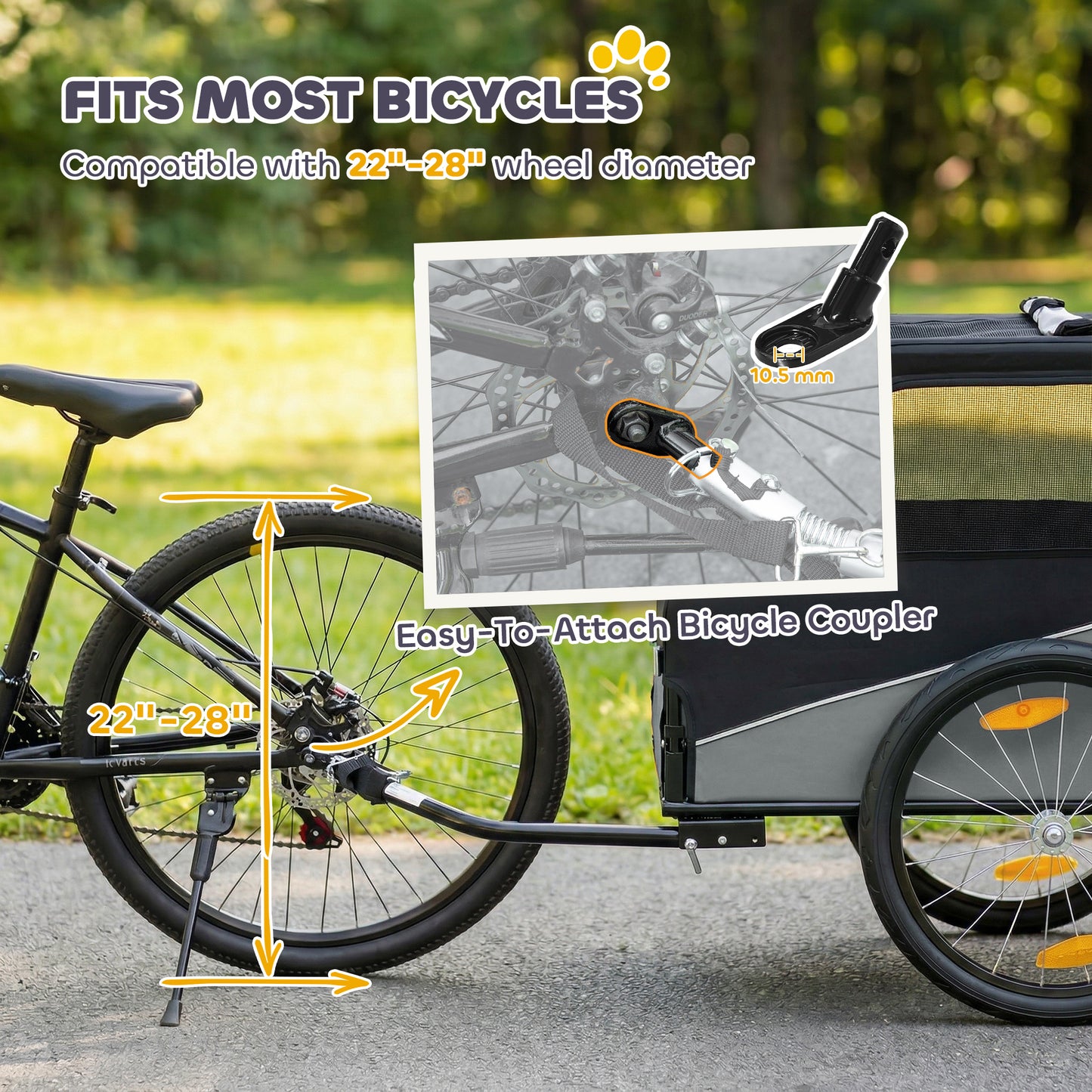 PawHut Dog Bike Trailer, Dog Cart Bicycle Carrier for Small and Medium Pets with 20" Inflatable Rubber Wheels, Grey