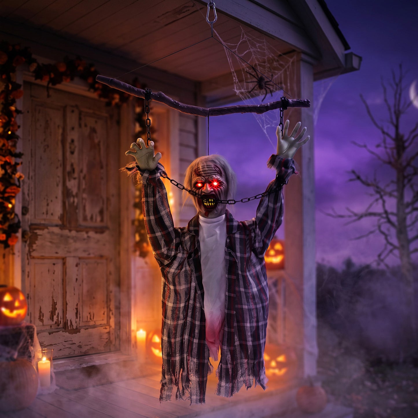 HOMCOM 110cm Screaming Animated Hanging Halloween Decoration, Sound Touch Activated Zombie Decor with Glowing Red Eyes