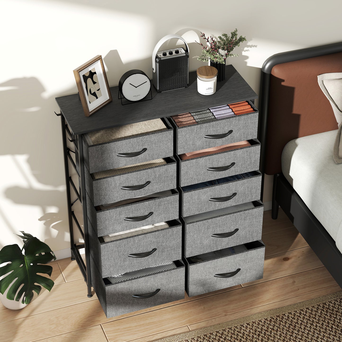 HOMCOM Chest of Ten Fabric Drawers - Charcoal Grey