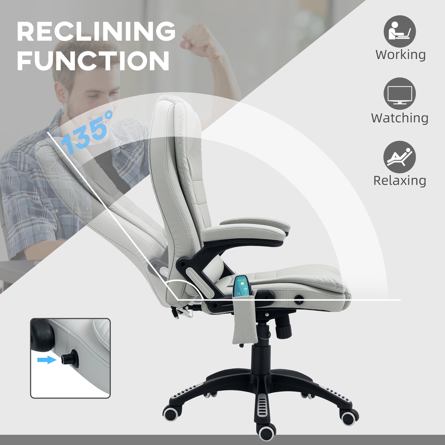 HOMCOM 6-Point Massage Office Chair with Seat Heated for Home Office, PU Leather High Back Executive Desk Chair with Adjustable Height and 360Â° Swivel for Work Study, Light Grey